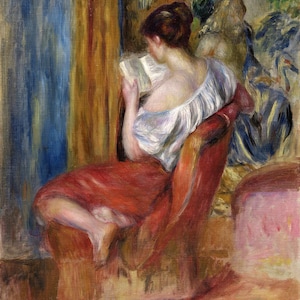 May include: Impressionist painting of a person seated in a red armchair, absorbed in reading a book. The person wears a white blouse and a red skirt. The background features a window with blue and gold curtains, and a glimpse of a statue.