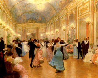 May include: An oil painting of a ballroom scene. Couples in formal attire waltz on a polished wooden floor. The room is lit by ornate chandeliers and wall sconces, creating a warm atmosphere. The ceiling is painted with a mural.