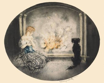 ルイ・イカール作「黒猫を抱く女性」アールデコプリント：シックな猫