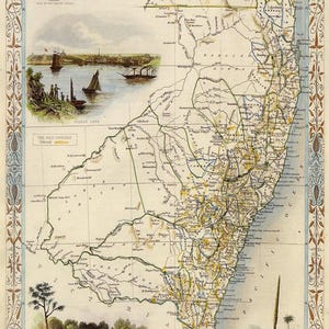 May include: Vintage map of New South Wales, Australia, featuring detailed geographical information and illustrations. The map has a decorative border and inset illustrations of landscapes and ships. The title "New South Wales" is at the top.