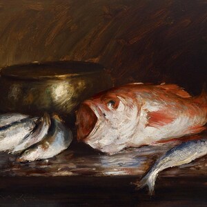 May include: An oil painting depicts a still life of fish and a bowl. A large red fish with an open mouth is next to a pile of smaller fish. A single silver fish is near the red fish. A bronze bowl is in the background.