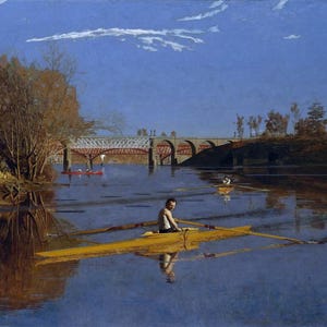 May include: A painting depicts a serene river scene with a yellow rowboat in the foreground. A person is rowing. A bridge arches across the water in the background, with trees and a blue sky above.