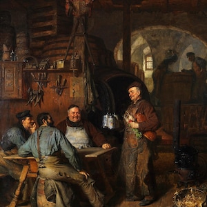 May include: A detailed painting of a rustic workshop scene. Several men are gathered around a table, while others work in the background. The setting is dimly lit, with tools and barrels visible, suggesting a brewery or similar establishment.