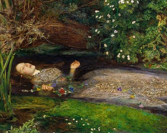 May include: A painting depicting a figure floating in a stream, wearing a detailed, textured dress adorned with floral patterns. The scene includes lush green vegetation, white flowers, and a fallen tree trunk along the bank of the water.