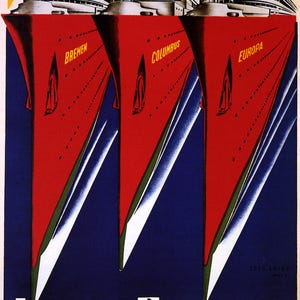 May include: Vintage travel poster for Lloyd Express, featuring three red ships with the names Bremen, Columbus, and Europa. The poster has a blue background with white and green accents, and text that reads "Fastest Transatlantic Service."