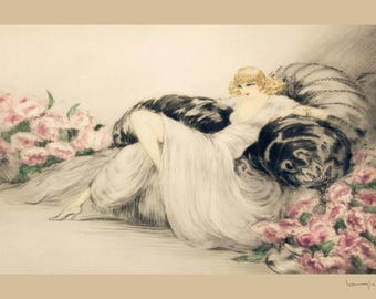ルイ・イカール作「黒猫を抱く女性」アールデコプリント：シックな猫