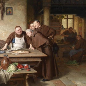 May include: A detailed painting depicts several monks in a kitchen setting. They are gathered around a wooden table, examining a fish. A side table holds vegetables and a pitcher. The scene is illuminated by warm light.