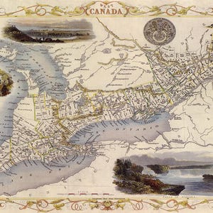 Könnte beinhalten: Antike Karte von Westkanada mit detaillierten geografischen Informationen. Die Karte enthält Illustrationen von Landschaften und einen dekorativen Rahmen mit floralen Elementen. Der Titel "West Canada" ist oben abgebildet.