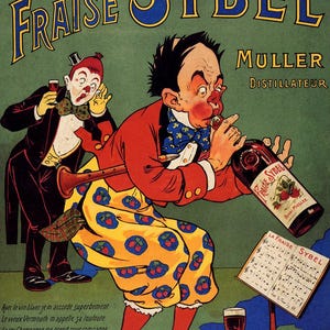 Puede incluir: Anuncio vintage de Fraise Sybel con dos payasos. Uno bebe de una botella etiquetada "Fraise Sybel" mientras que el otro sostiene una copa de vino. El fondo es verde con texto en francés.