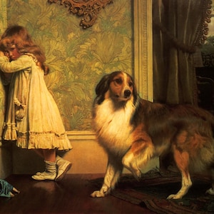 May include: A vintage painting depicts a young girl in a cream-colored dress, standing in a corner with her face against the wall. A large dog with brown, white, and black fur stands nearby. A doll lies on the floor.