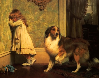 Impresión artística giclée de Charles Burton Barber, "Un Suplicante Especial": Pintura victoriana de una niña y un perro collie, arte mural antiguo con animales.