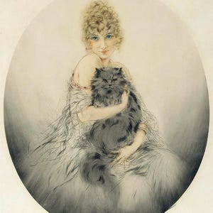 Louis Icart Woman With Black Cat Art Deco Print: Chic Cat Lover