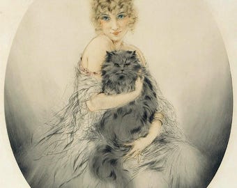 ルイ・イカール作「黒猫を抱く女性」アールデコプリント：シックな猫