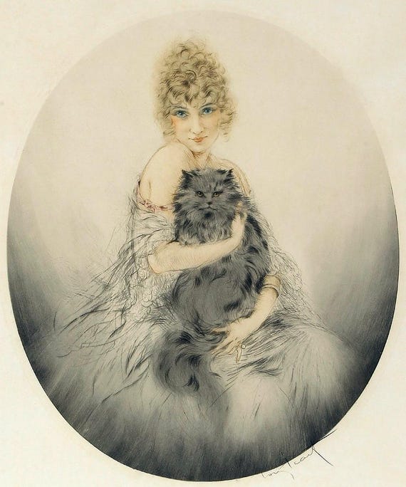 Louis Icart 人物画 黒猫と女性 額装品 Louis Icart Girl With Persian Black Cat Giclée Art Print - Art
