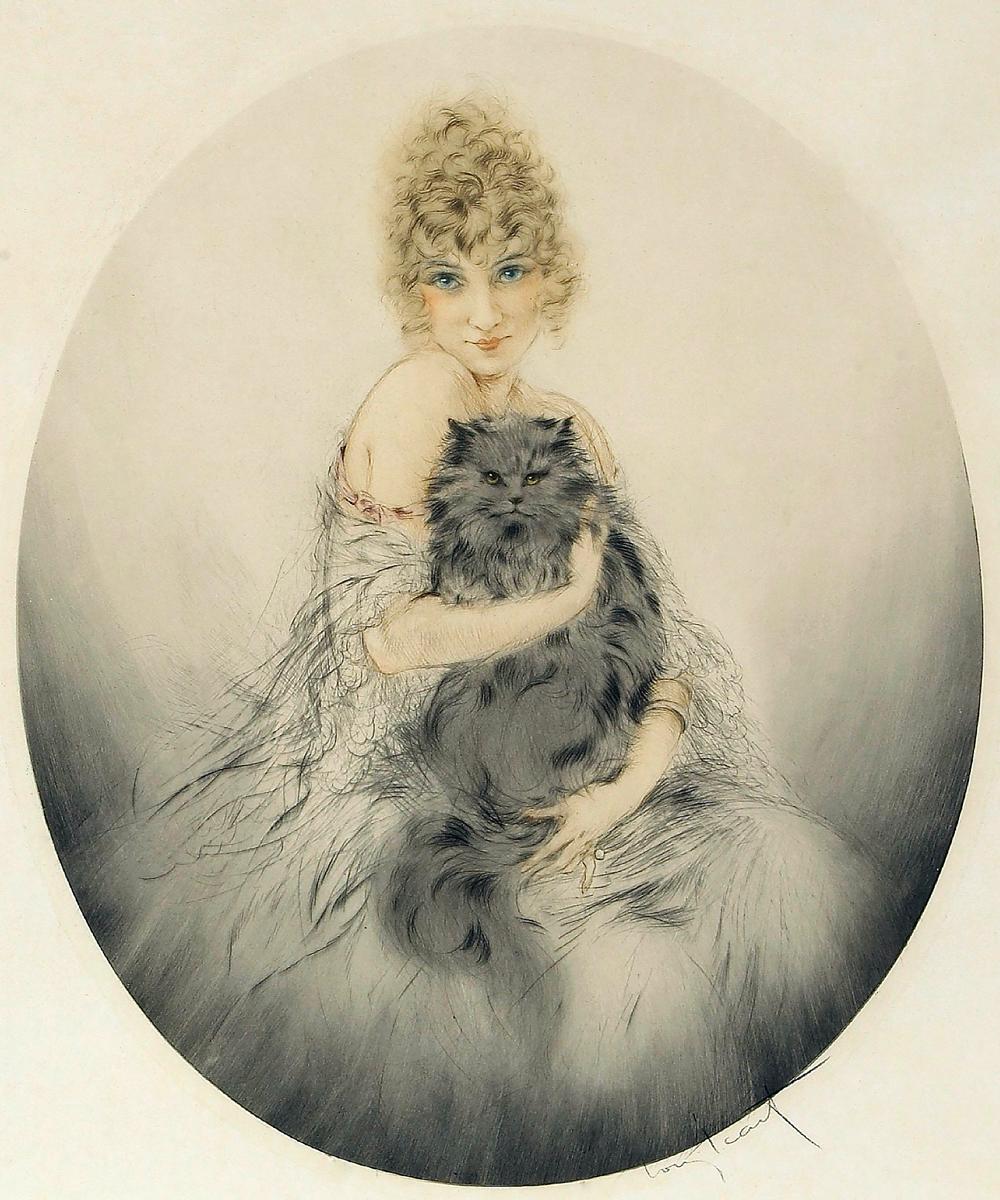 Louis Icart Girl With Persian Black Cat Giclée Art Print - Art