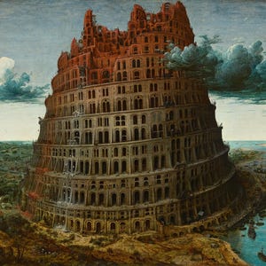 May include: A painting of the Tower of Babel, a large, multi-story structure with a spiral design. The tower is primarily beige and brown, with a reddish-brown top. The sky is blue with white and gray clouds. Ships sail on the water.