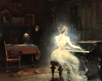 George Roux Spirit Ghostly Woman Piano Giclée Art Print – Victorian Gothic Ghost Painting, Dark Academia Wall Art