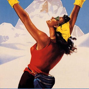North Conway New Hampshire Joyful Woman Skiing Ski Winter Sport Berge Vintage Poster Repro Premium Giclee Gedruckt auf Papier oder Leinwand