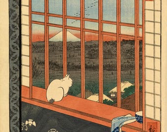Utagawa Hiroshige Cat Sitting on Window Giclée Art Print – Japanese Ukiyo-e Edo Landscape, Mount Fuji Cat Wall Art