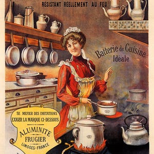 May include: Vintage advertisement for Aluminite cookware. The image features a woman in a red dress and apron cooking in a kitchen. The poster includes text in French, showcasing the brand and its awards. The overall aesthetic is reminiscent of early 20th-century advertising.