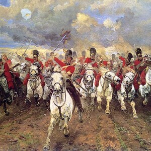 May include: An oil painting depicting a cavalry charge. Soldiers in red coats and black hats ride white and gray horses, swords raised, against a cloudy sky. The artwork conveys a sense of movement and historical drama.