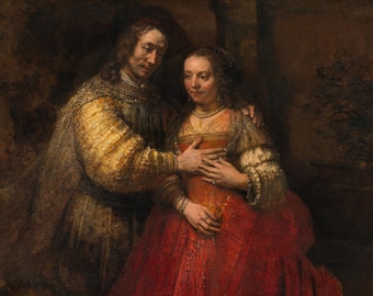 May include: An oil painting depicting two figures in historical attire. One figure wears a textured golden-yellow doublet with a dark cloak, while the other wears a vibrant red gown with a white lace collar, a pearl necklace, and gold jewelry.