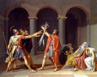 May include: A classical painting depicts a dramatic scene with figures in ancient Roman attire. Soldiers in armor and togas gesture towards a man holding swords. Women in draped garments mourn in the background, set against an architectural backdrop.