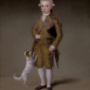 May include: A portrait of a young boy in a mustard-colored suit with white stockings and black shoes. A small white and brown dog stands on its hind legs, playfully interacting with the boy. The painting has a classical style and a muted color palette.