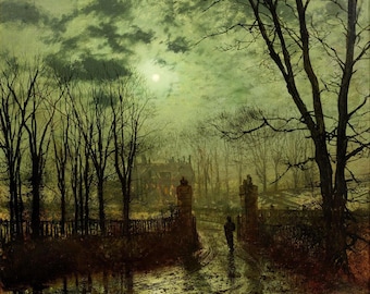 John Atkinson Grimshaw Moonlit Lane Giclée Art Print - Victorian Nocturne Gothic Wall Decor