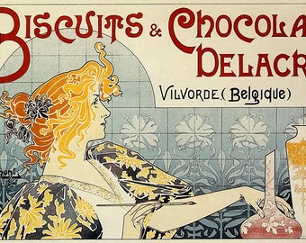 Reklama ciastek czekoladowych Elegancka kobieta i wzory kwiatowe Plakat w stylu secesyjnym w stylu vintage Reprodukcja giclee premium wydrukowana na papierze lub płótnie