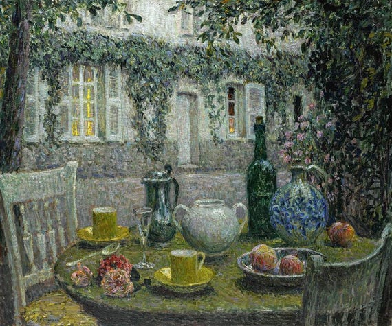 Henri Le Sidaner Print: Stone Table, Twilight Garden Giclée Art