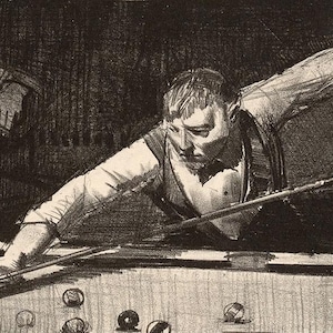 May include: A black and white etching depicts a man leaning over a pool table, aiming a cue stick at the billiard balls. Another figure is in the background. The scene is set in a dimly lit room, with the focus on the game.