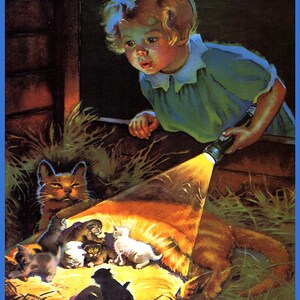 Könnte beinhalten: Vintage Illustration eines Kindes, das mit einer Taschenlampe eine Gruppe von Kätzchen und eine Katze beleuchtet. Die Szene spielt nachts, mit dem Text "Eveready Flashlights & Batteries" unten.