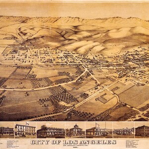 May include: Antique sepia-toned map of the City of Los Angeles, California, featuring a detailed aerial view of the city and surrounding agricultural fields. The map includes illustrations of notable buildings and the text "City of Los Angeles".