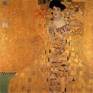May include: A portrait of a woman in a gold dress with intricate patterns. The artwork features a gold background with geometric and organic shapes. The woman wears a black hat and jewelry, with a serene expression.