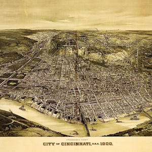 May include: Panoramic view of Cincinnati, USA, in 1900, depicted in a sepia-toned illustration. The city sprawls across the landscape, with a river and bridges in the foreground. The image includes the text "City of Cincinnati, U.S.A. 1900."