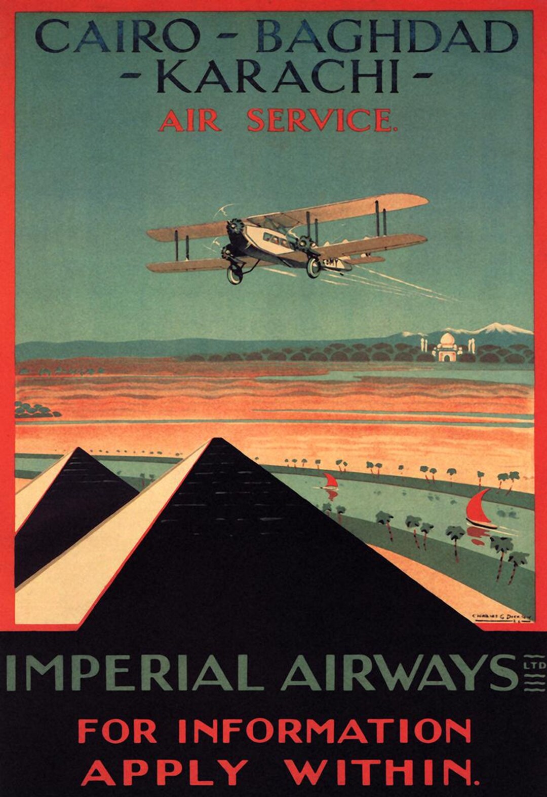 Cairo Baghdad Flying Over a Desert Pyramids Classic Art Deco British ...