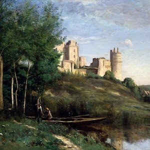 Op de afbeelding: Olieverfschilderij van een middeleeuws kasteel op een heuvel, naast een rivier. Bomen en een kleine boot met figuren staan op de voorgrond. De lucht is een mix van blauw en wit.