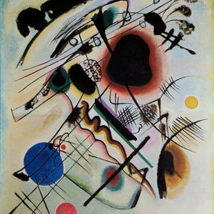 May include: Abstract painting with a complex arrangement of shapes and lines. The artwork features a large black form with a red halo, a blue circle, and a yellow sun. Black lines and various shapes are scattered across a light background.