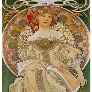 Mucha Fashion Lady Art Nouveau Poster: Paris Flowers, Vintage Giclée Print