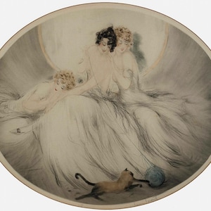 Louis Icart 人物画 黒猫と女性 額装品 Louis Icart Woman With Black Cat Art Deco Print: Chic Cat Lover