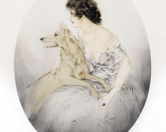 Louis Icart Lady with Dog Giclée Art Print - Art Deco Woman, Pet Wall Decor