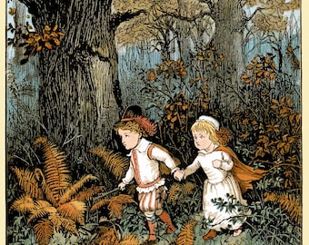 Hansel and Gretel Fairy Tale Illustration Print – Vintage Children’s Storybook Art Poster Decor