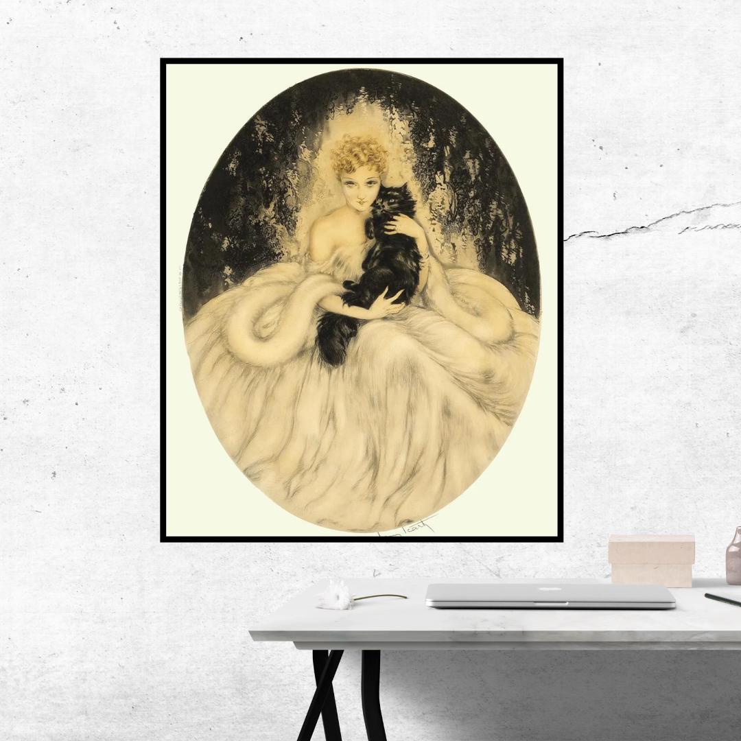 Louis Icart Black Cat Woman Giclée Art Print - Vintage Art Deco