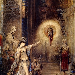 May include: A dramatic painting depicts a woman in ornate attire gesturing towards a glowing, severed head. The scene is set in a grand, detailed interior with figures in the background, evoking a historical or biblical theme.