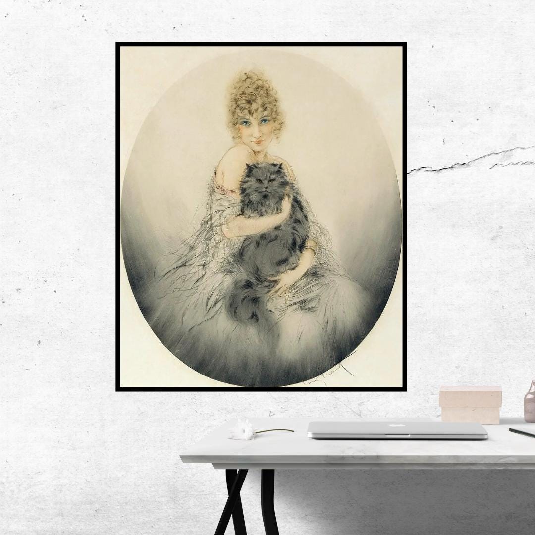 Louis Icart 人物画 黒猫と女性 額装品 Louis Icart Girl With Persian Black Cat Giclée Art Print - Art