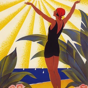 Ischia Italy Vintage Travel Poster: Fashion Girl, Sunshine Paradise