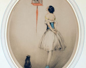 ルイ・イカール作「黒猫を抱く女性」アールデコプリント：シックな猫
