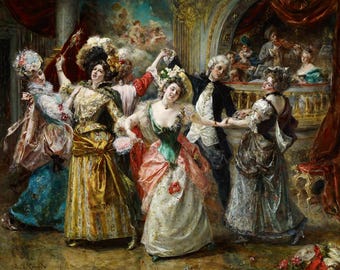 May include: An oil painting showing a ballroom scene with figures in elaborate gowns and suits. The figures are dancing, with an orchestra in the background. The painting has a classical style, with rich colours and detailed brushwork, reminiscent of the 18th century.