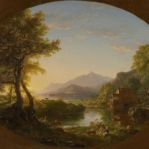 May include: An oval-shaped landscape painting depicting a serene lakeside scene. The artwork features a mountain range in the background, a body of water, trees, and figures near a building. The color palette includes greens, browns, and blues.